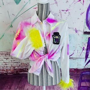 COCO #5  Quote Hand-painted Sequin Patch Ostrich Feather Cuffs